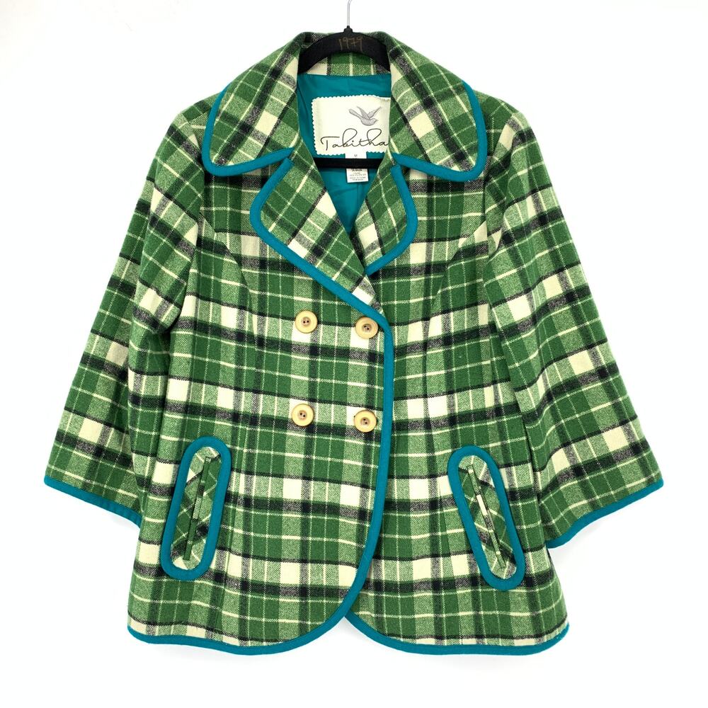Anthropologie Tabitha Plaid Peacoat 3/4 Sleeve Womens M Green Cream Blue Piping